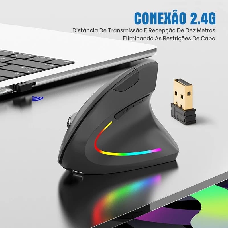 Mouse Ergonômico Vertical Sem Fio Kapbom-612, 2.4G + Bluetooth, Recarregável, com LED Colorido, para Trabalho e Jogos