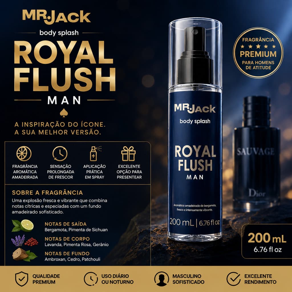 Body Splash Masculino Mr Jack Royal Flush 200ml Aromático Amadeirado Perfume Masculino Frescor Diário