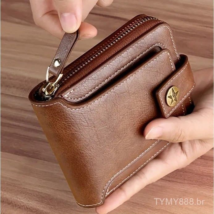 Carteira Masculina de Grande Capacidade com Zíper e Design Tri-fold