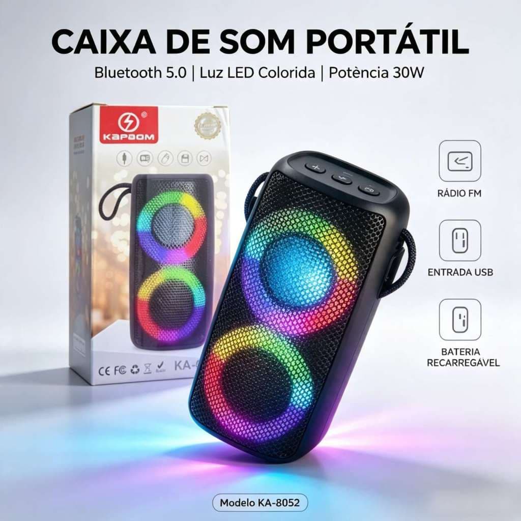 Caixa de Som Bluetooth Portátil KA-8052 LED Colorido, Alto-Falante com Alça, USB e Rádio FM