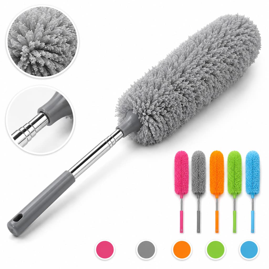 Espanador de Pó Eletrostático Premium com Extensor Retrátil Alcance Alto Limpeza Eficiente