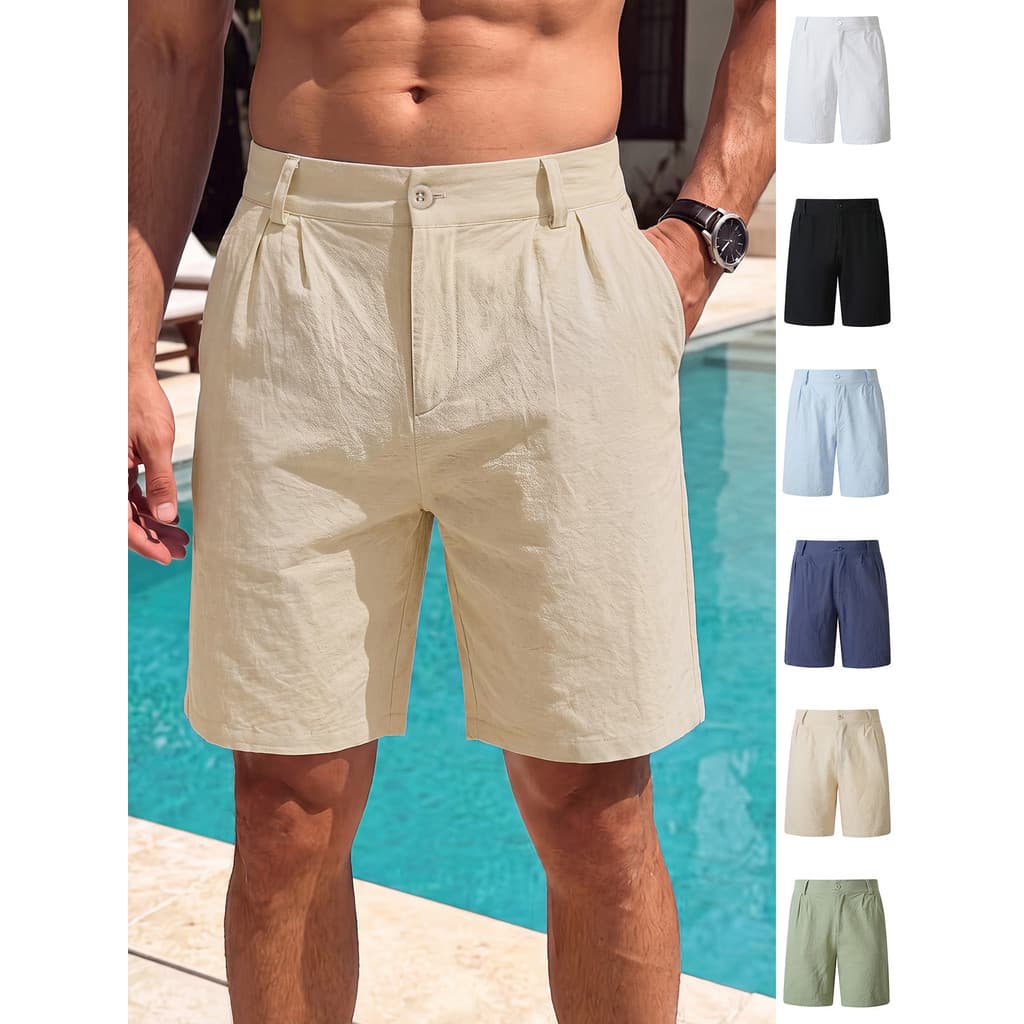 Masculino masculino algodão linho Casual bolsa multicolorido reto cortado shorts de perna média estilo masculino20260804