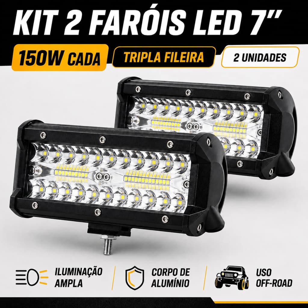 Kit 2 Faróis LED 7 Pol 150W Cada Tripla Fileira para Picape 4x4 Trator Quadriciclo Off Road