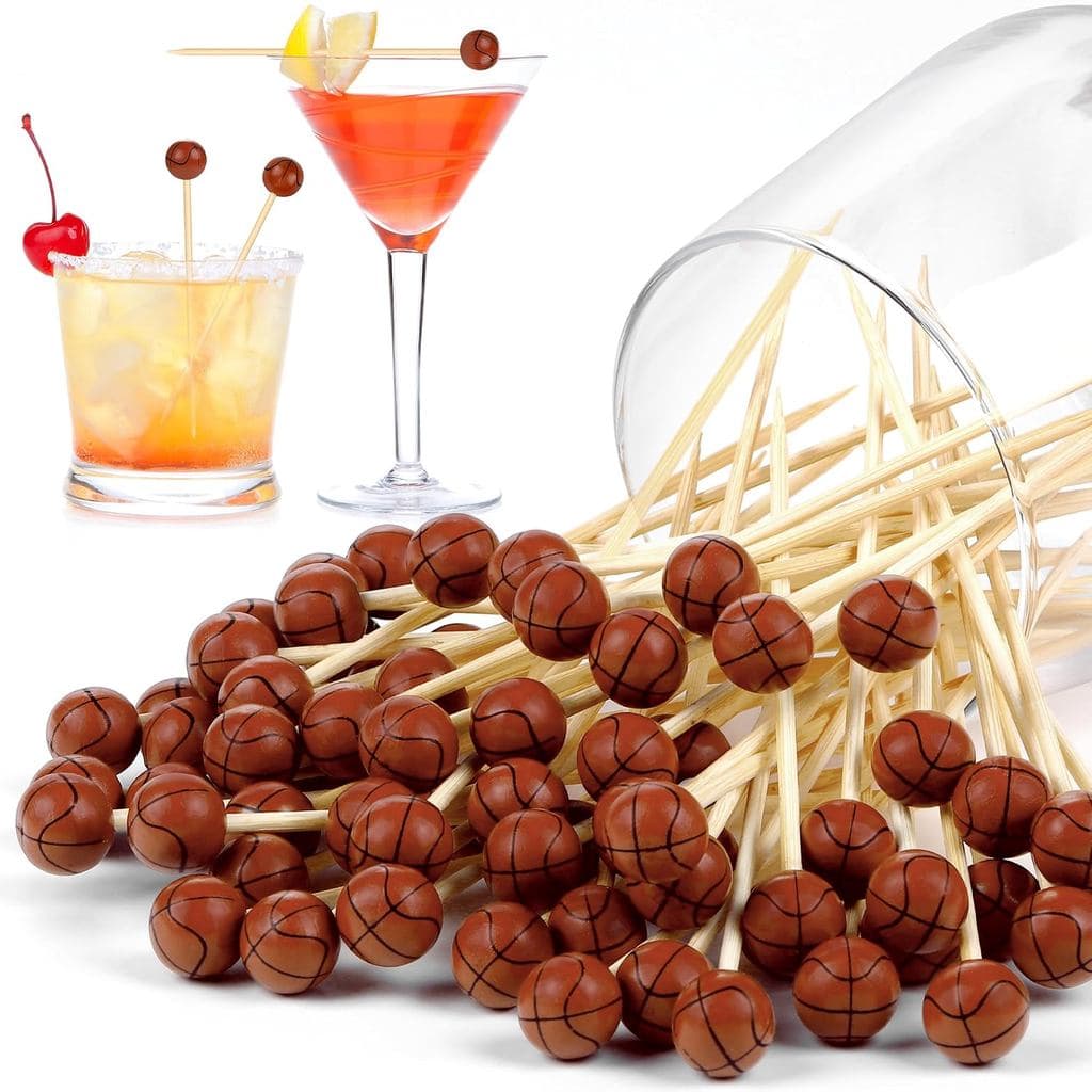 Aodaer 100 Peças de Palitos Decorativos de Bambu para Coquetéis com Ponta em Forma de Bola de Basquete, 4,7 Polegadas, P