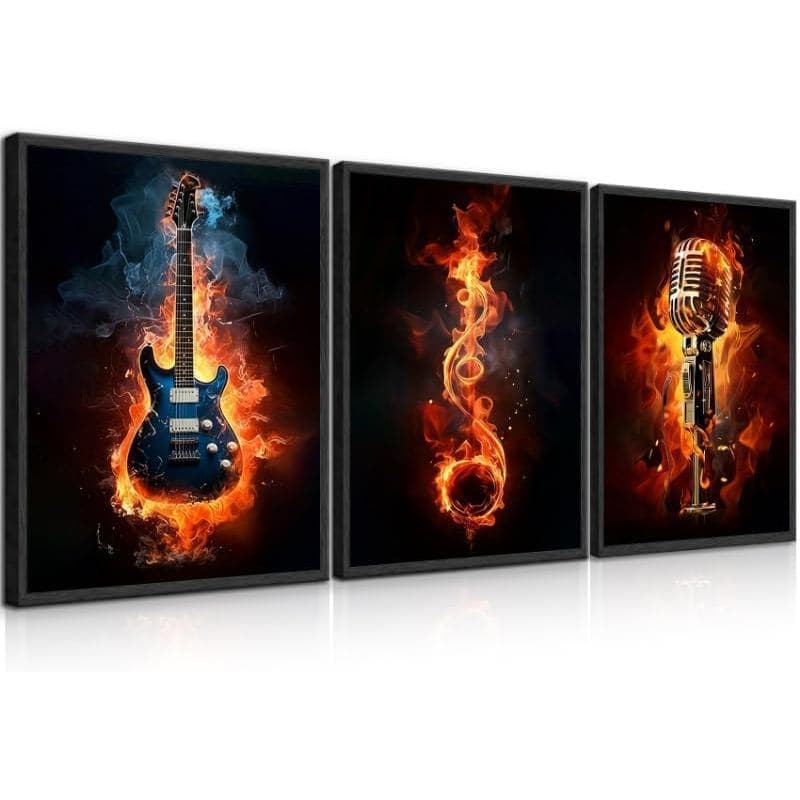 Arte de Parede em Tela com Tema Musical: Pinturas de Chamas, Guitarra, Microfone e Notas Musicais, Decoração de Parede,