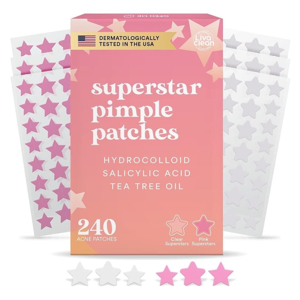 LivaCleanStarBlemishPatches(240CT)-ÁcidoSalicílico&ÓleoDeTeaTree,Clear&PinkPimplePatchCute,AcneStar,CutePimplecare,Patch