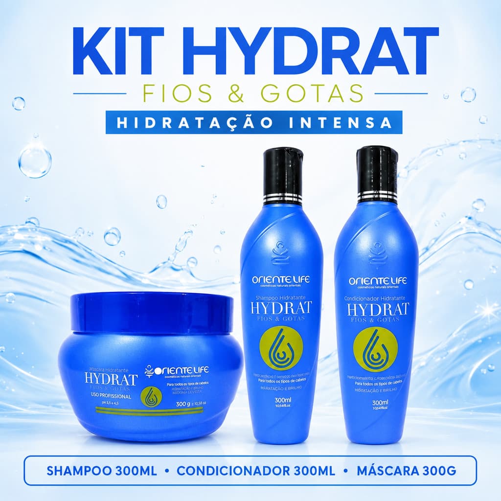 Kit Hydrat Fios &amp; Gotas Oriente Life Shampoo, Condicionador e Máscara, Hidratação Intensa