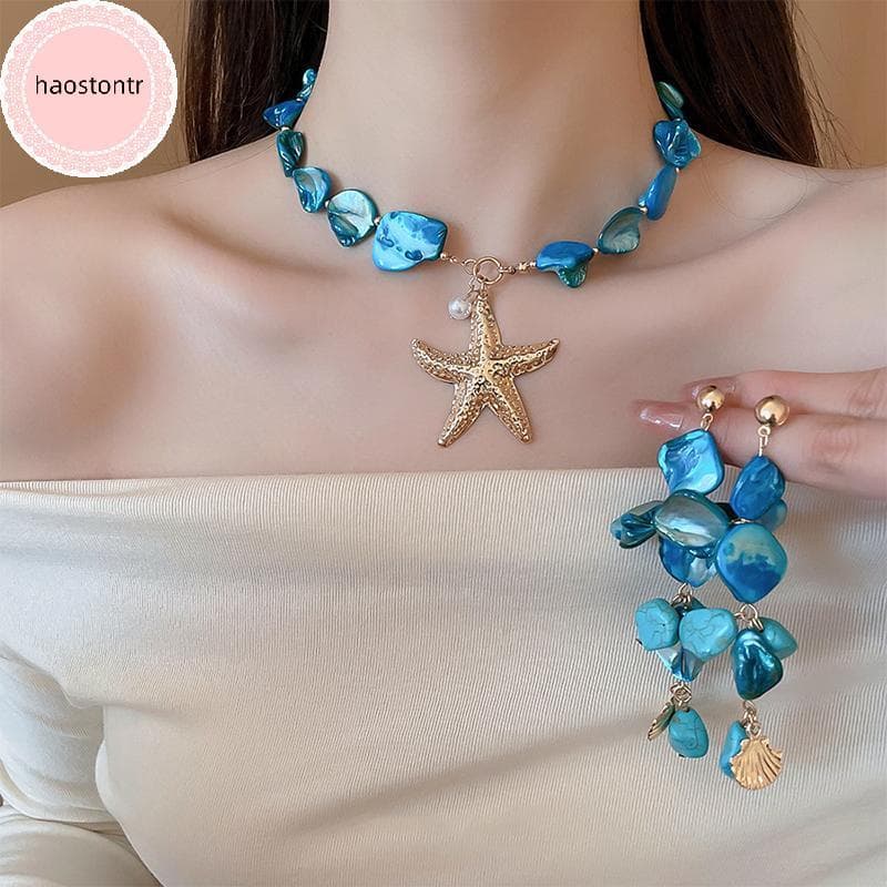 Haostontr Boho Conchas Irregulares sel Brinco Imitação Pérola Estrela Do Mar Pingente Nelace Praia Férias Estilo Moda Fe