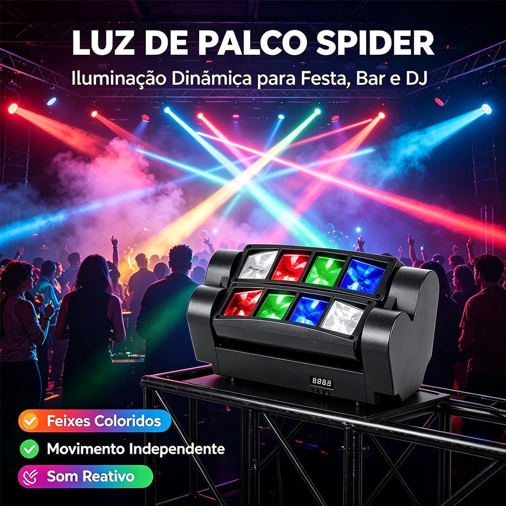 Luz de Palco Spider 8 Olhos 5W RGBW, Moving Head Duplo Efeito Feixe para Festa, Bar e DJ com Controle DMX