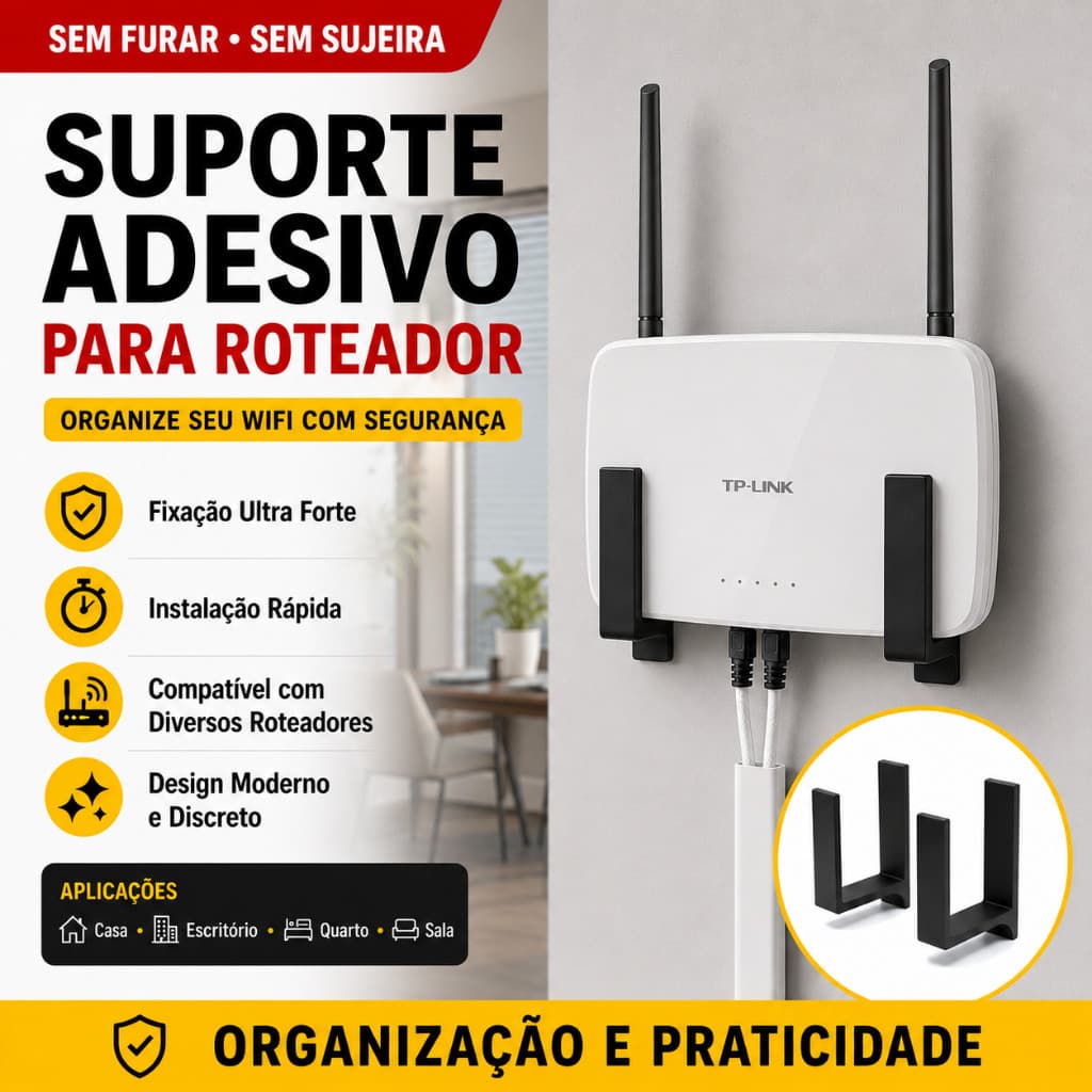 Suporte Roteador Wi-Fi Universal de Parede com Fita 3M Sem Furos Organizador