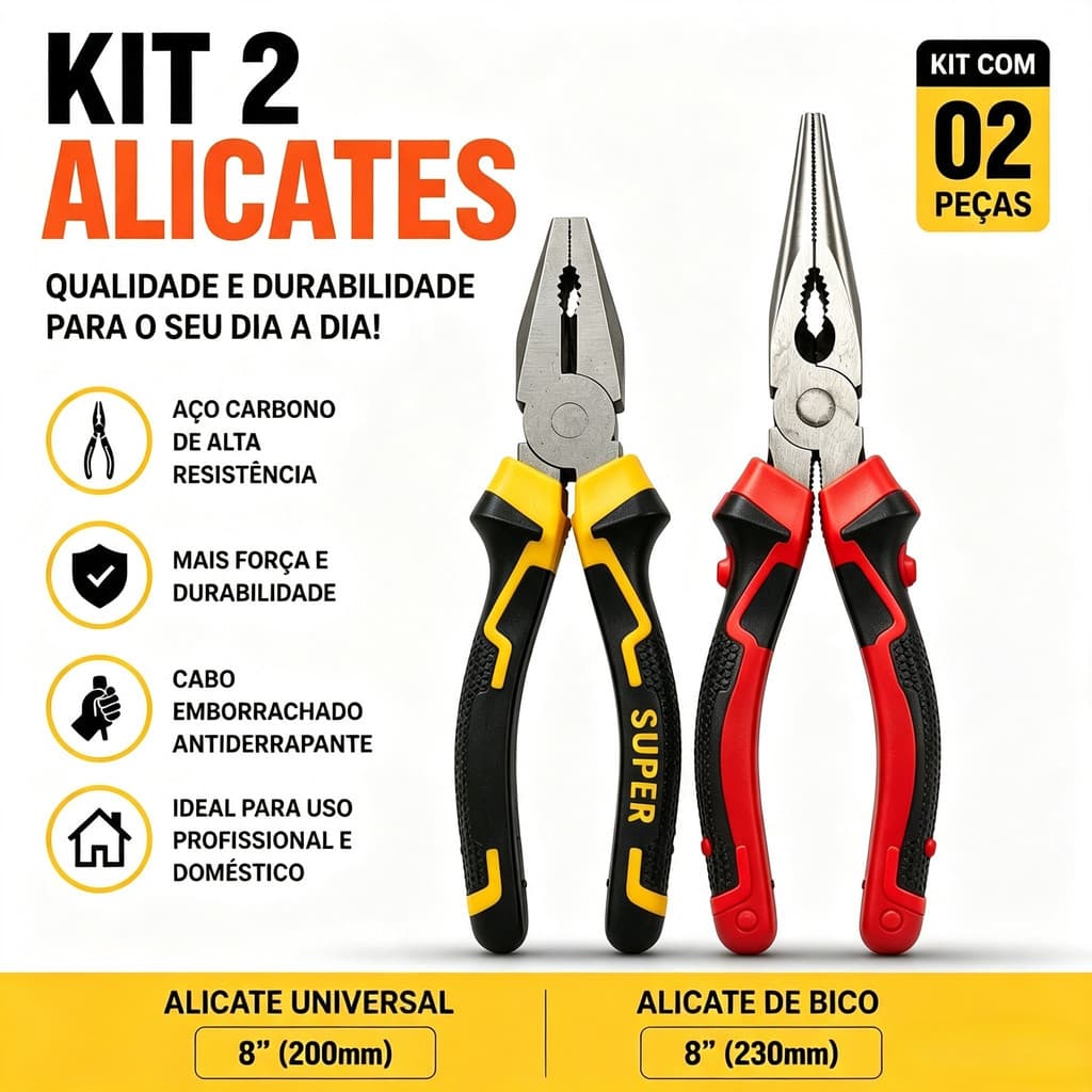 Conjunto 2 Alicates Alicate Universal Alicate de Bico Ferramenta Manual Uso Doméstico e Profissional Aço Carbono