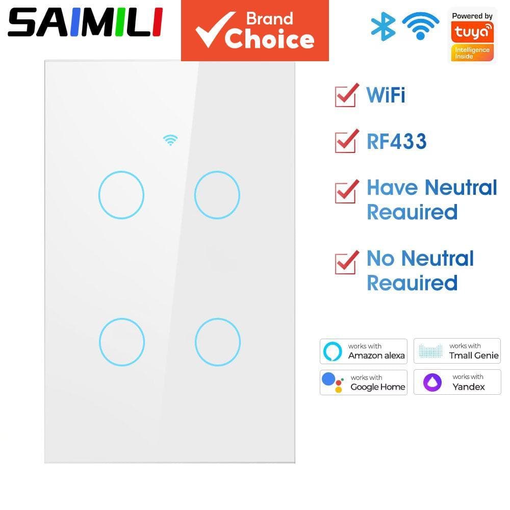 【SAIMILI】Interruptor Inteligente Tuya Sem Fio Neutro Sem Fio WiFi RF433 US Interruptor de Toque 110-240V Temporização 6