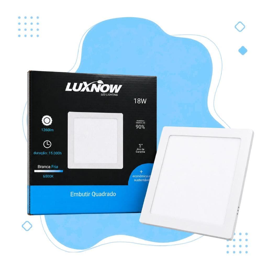 Painel De Embutir LED Quadrado Luxnow, Luz Branca Fria 6500K, 18W e 1260 Lúmens, 22x22 cm