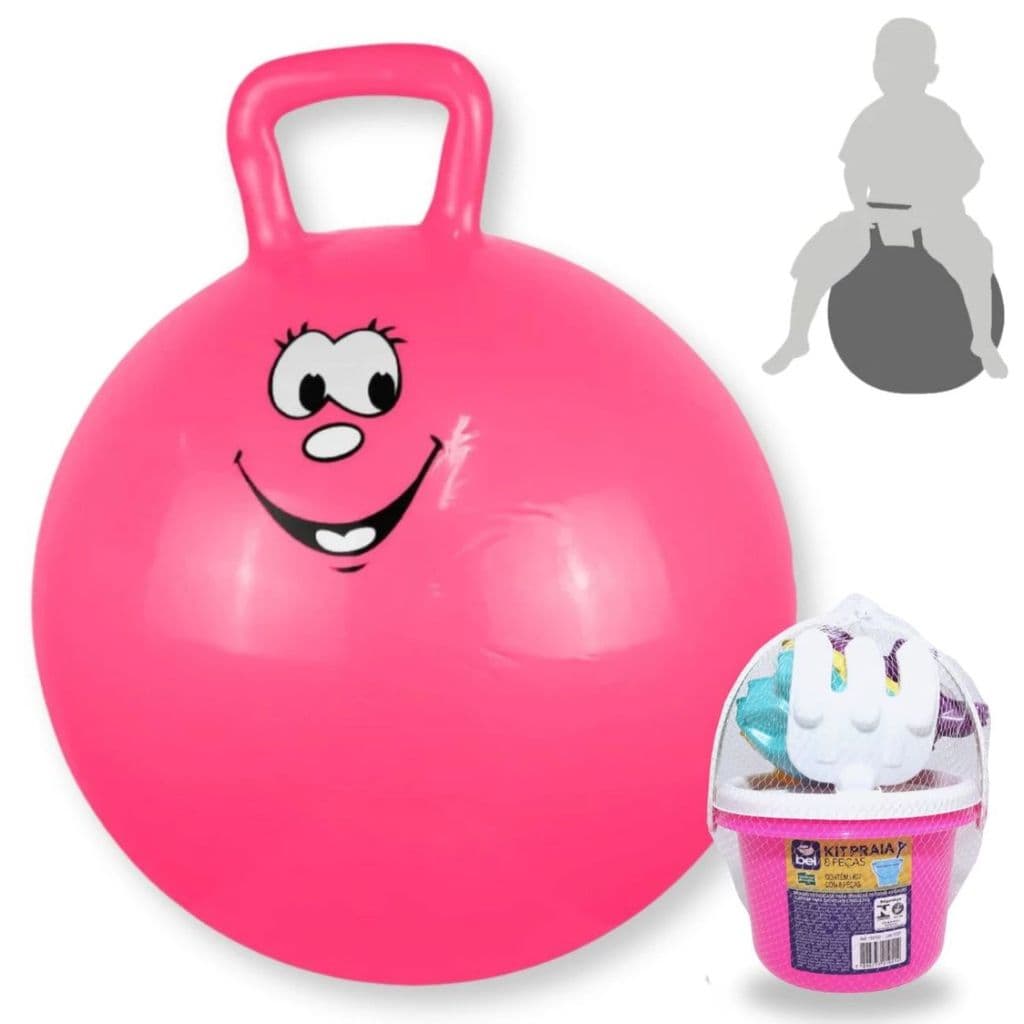 1 Baldinho de Praia e 8 Peças (sortidos) + 1 Bola Pula Pula Infantil com Alça 60cm Rosa