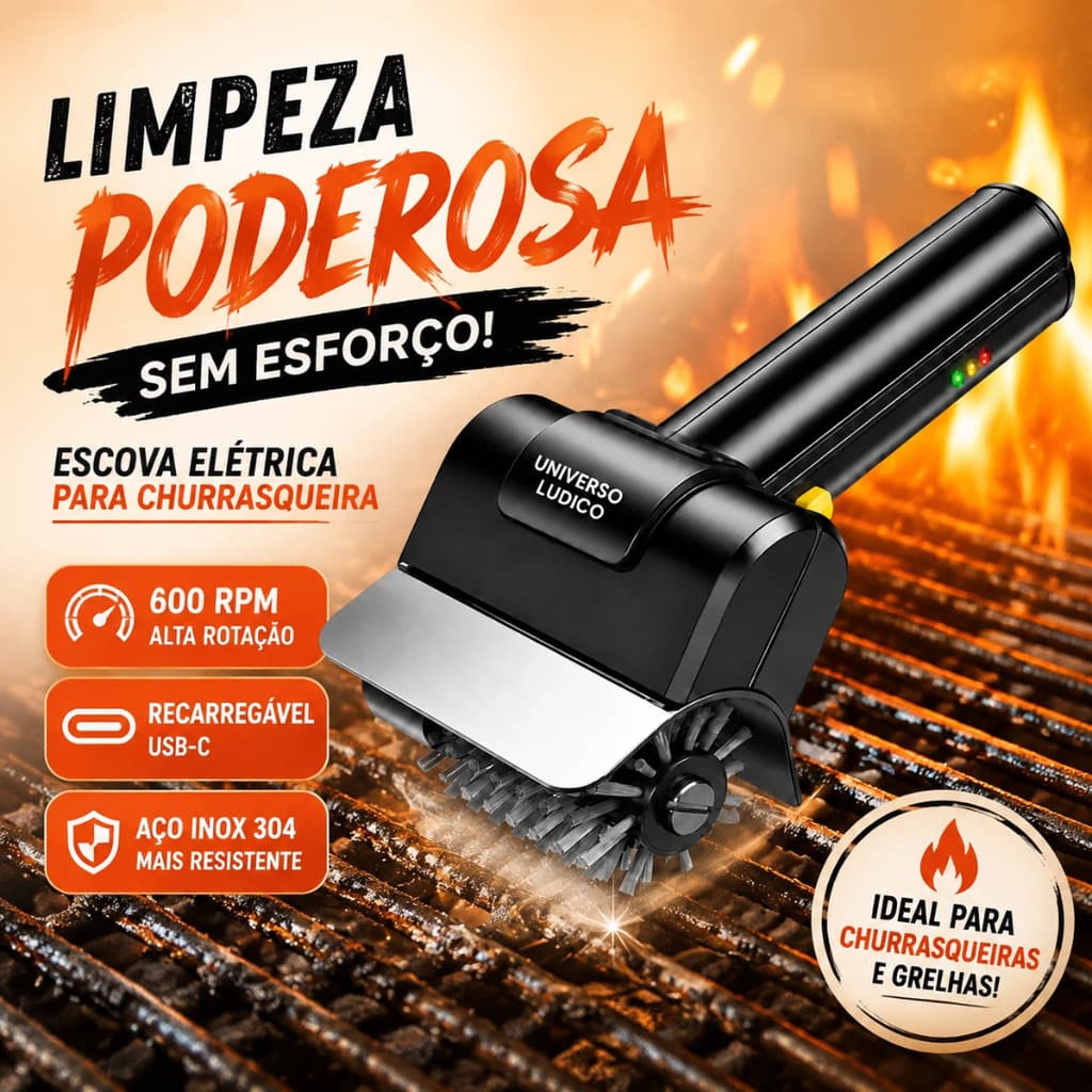 Escova Elétrica Para Churrasqueira Sem Fio Recarregável USB-C 600RPM Aço Inox 304