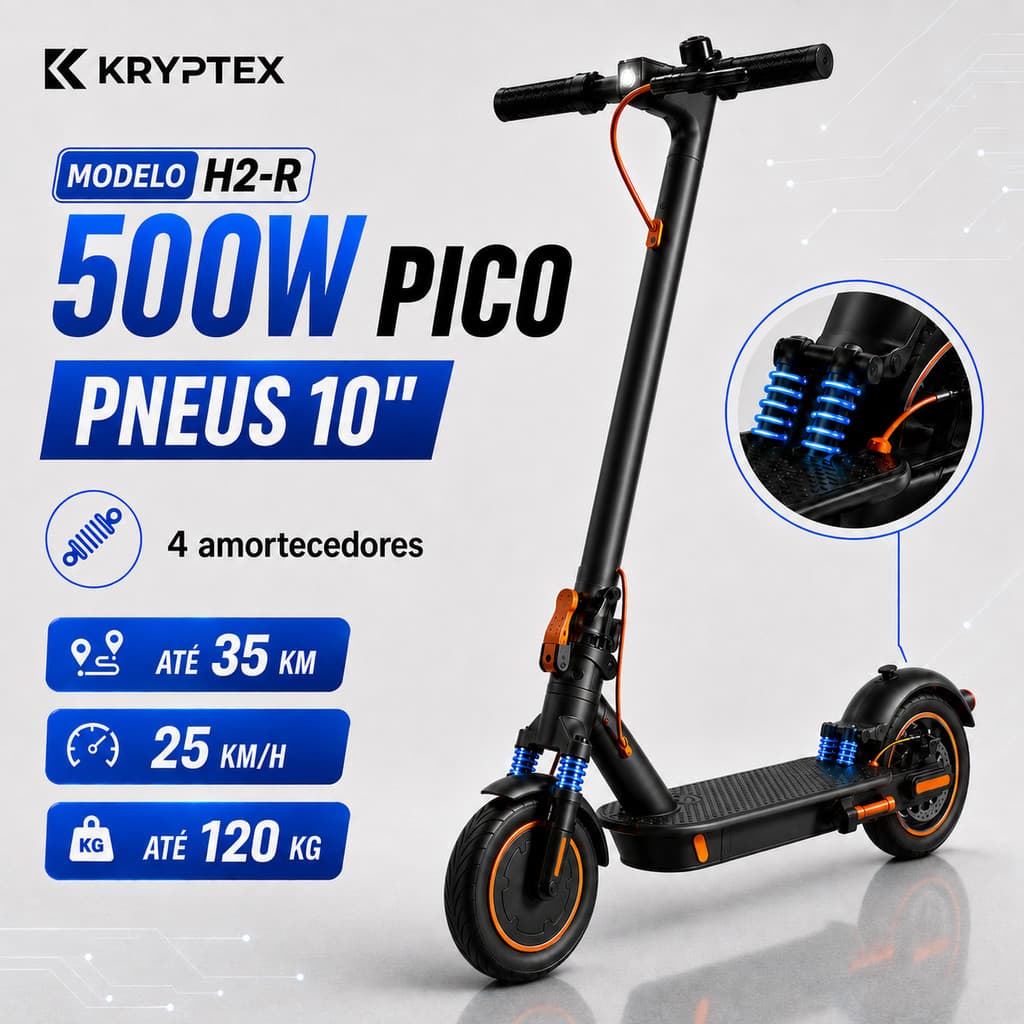 Scooter Elétrica Dobrável KRYPTEX 8,5/10 Pol 350W ou 500W com Suspensão Até 120kg