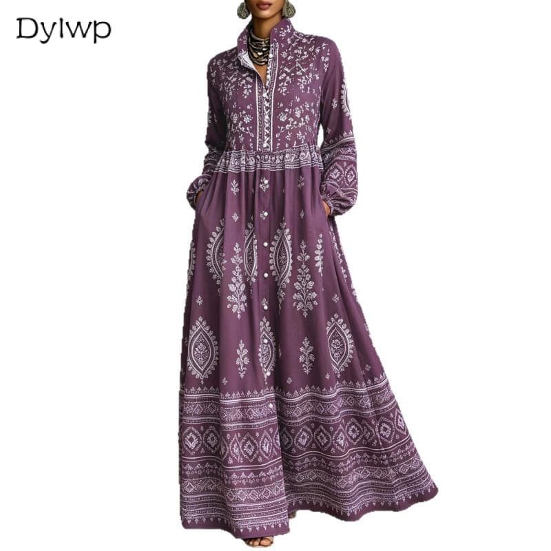 Vestido Feminino Boho Maxi Gola Alta Manga Comprida Estampa Étnica , Botão Frontal Bolso Lateral Fluido Até O Chão Casua