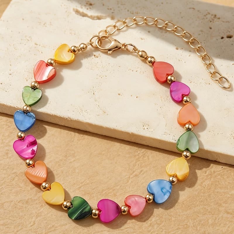 Tornozeleira Colorida Boho com Contas em Forma de Coração KISQ