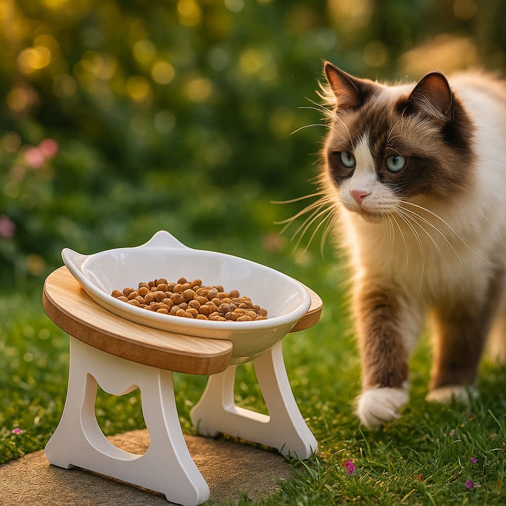 Comedouro Elevado para Gatos com Tigela de Porcelana Premium Ergonômico
