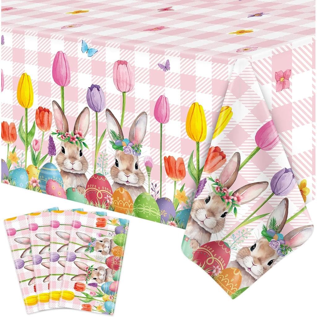 Conjunto de 4 Toalhas de Mesa de Páscoa com Estampa de Tulipas e Coelhinhos, Toalhas Descartáveis Retangulares para Deco