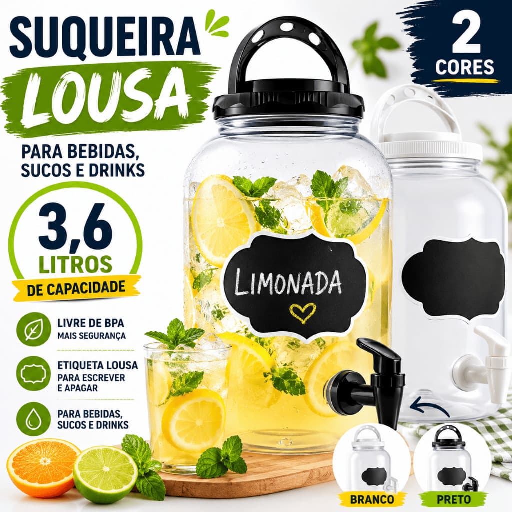 Suqueira Lousa 3,6L Com Torneira Para Bebidas Sucos Drinks Eventos Festa Churrasco Mesa Decoração