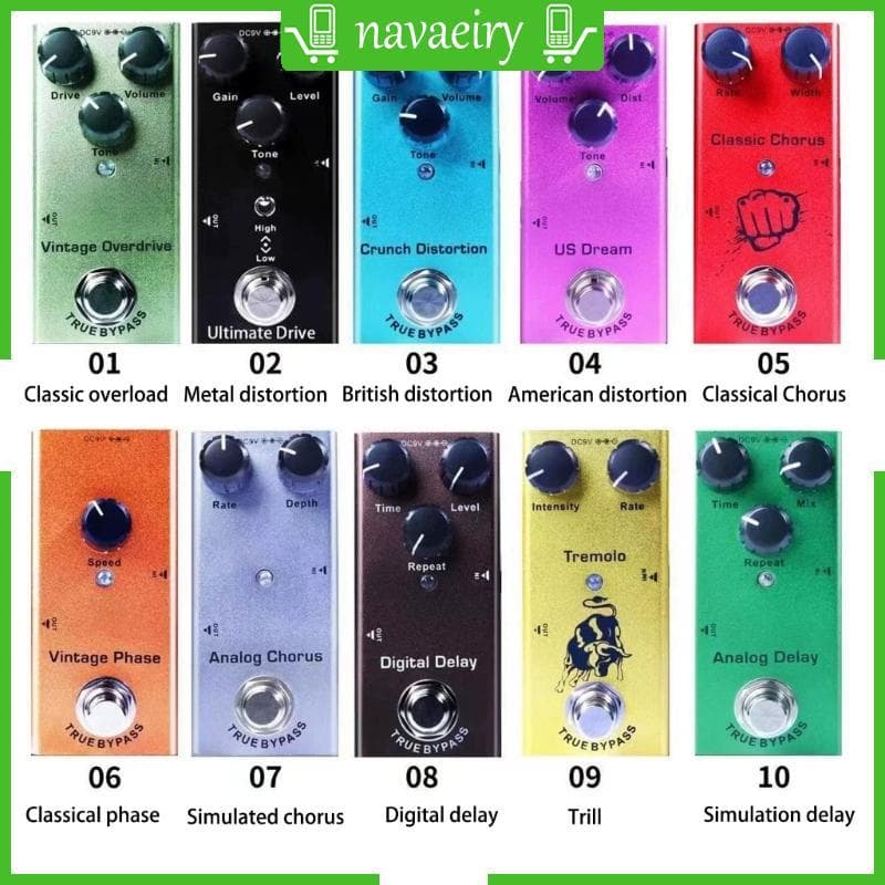 Pedal Efeito Guitarra Elétrica nava 9V 10 Opções Som Efeitos Pequena Para Prática Palco Live
