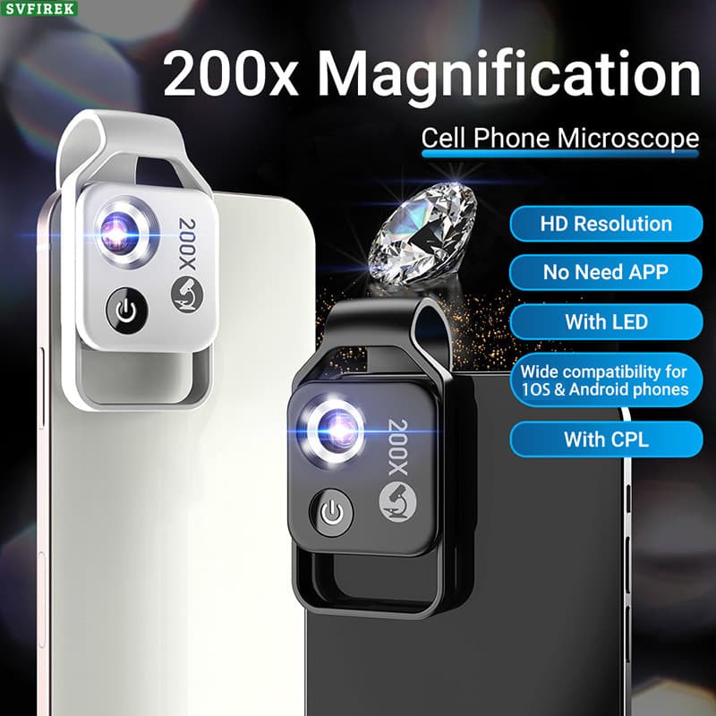 Microscópio Para Celular 200X Lupa HD Com Filtro Polarizado CPL Lente Macro Luz LED De Telefone Portátil Zoom Clipe De C