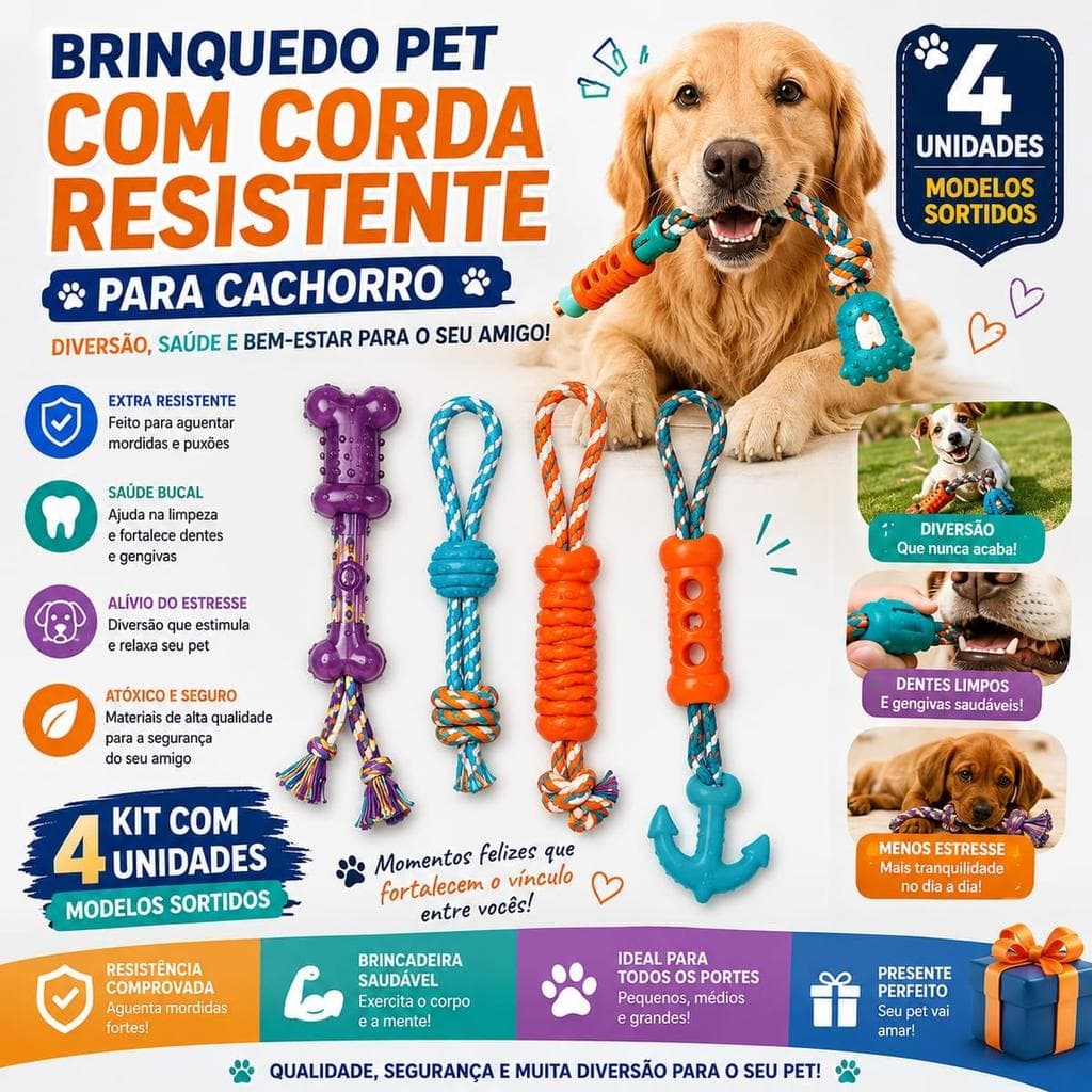 BRINQUEDO PET COM CORDA RESISTENTE PARA CACHORRO - 4UN