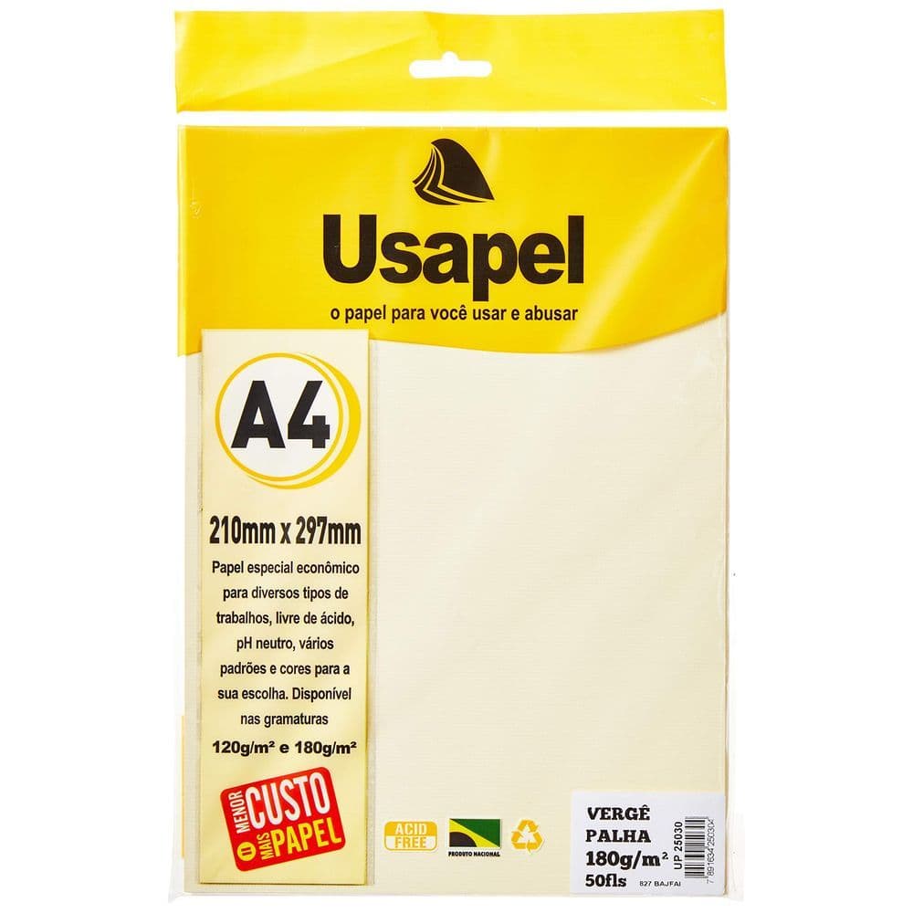 PAPEL USAPEL VERGE 180G 50F A4 REF 25030 - PALHA
