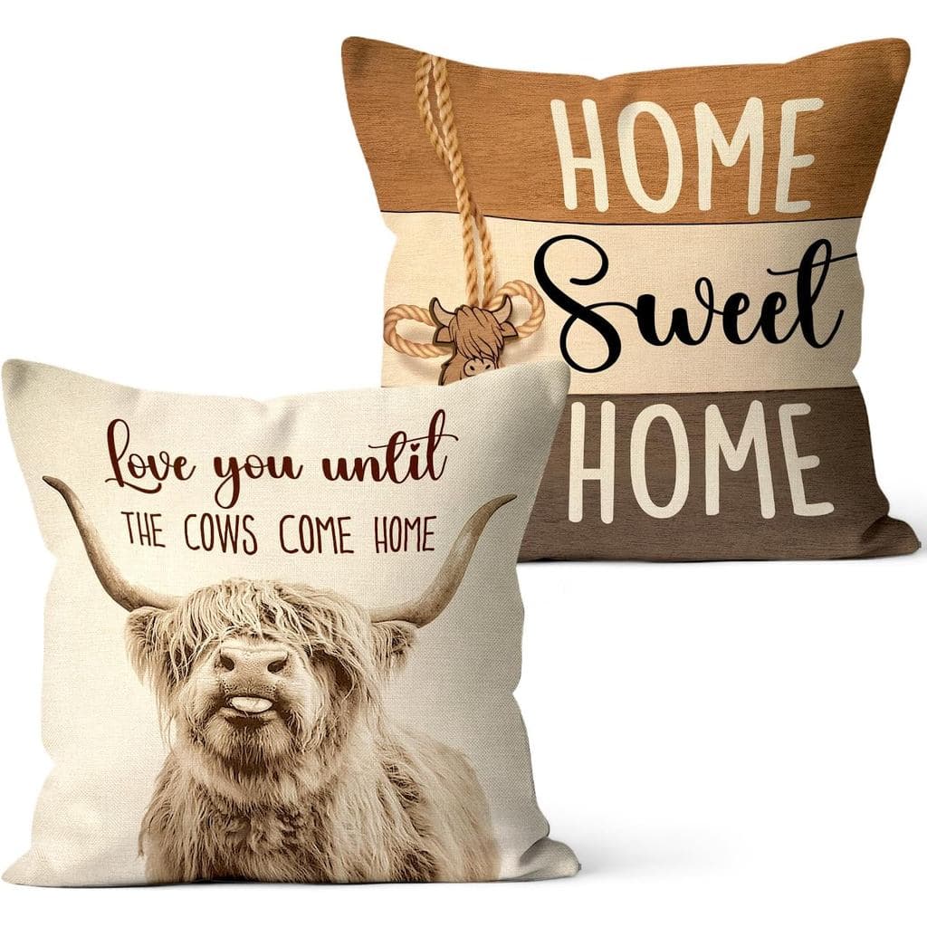Capas de Almofada Decorativas com Estampa de Vaca Highland para Verão e Outono, 18x18 Polegadas, Conjunto de 2 - Decoraç