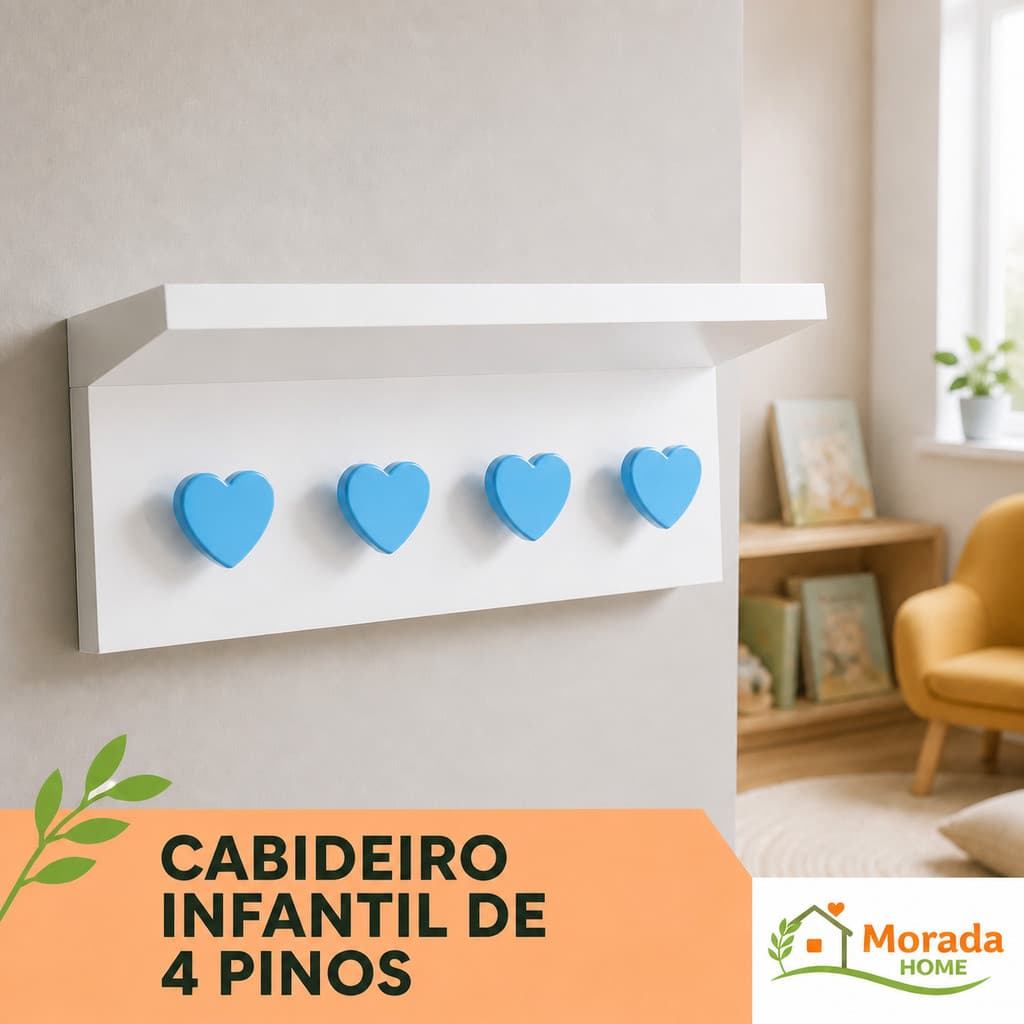 Cabideiro Infantil de Parede com Prateleira e 4 Ganchos – Estrela, Coração ou Borboleta