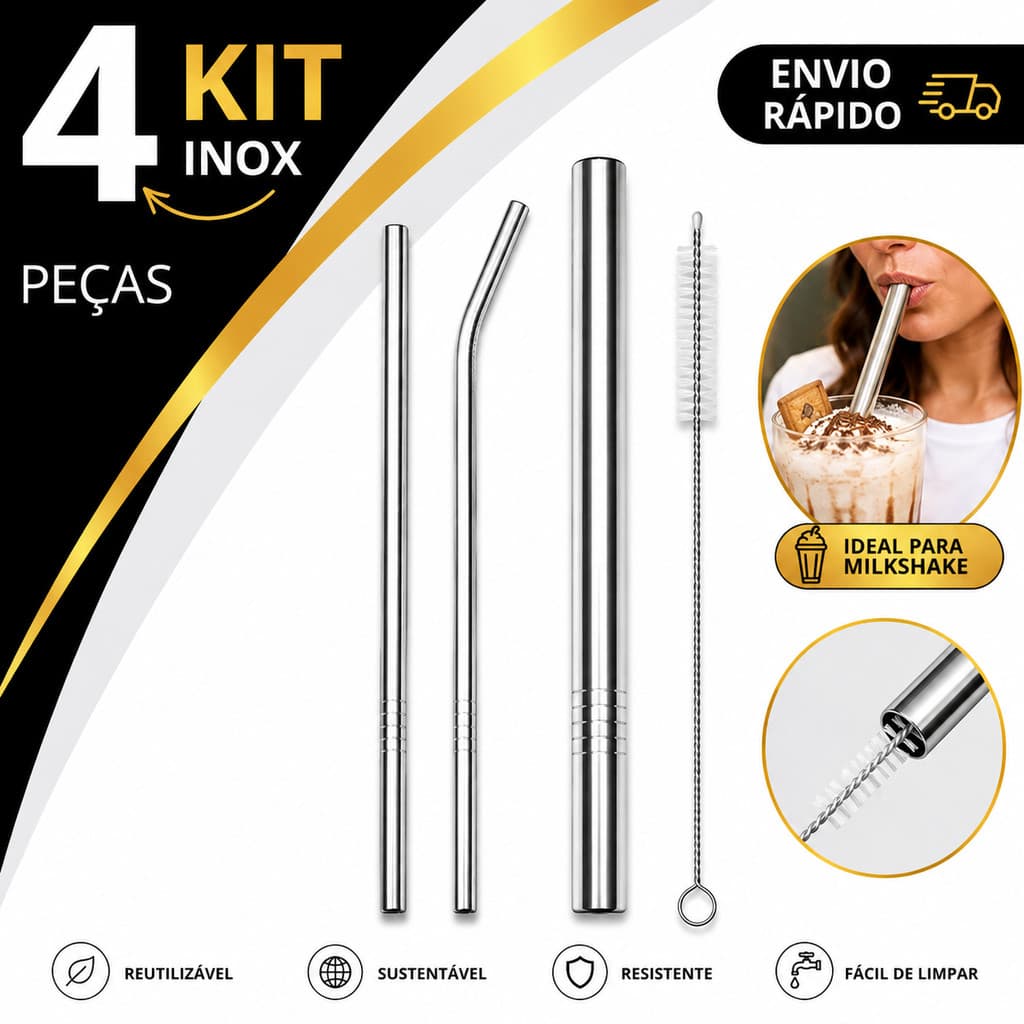 Kit 4 Peças Canudo Inox Reutilizável Reto Curvo Grosso Milkshake + Escova Limpeza