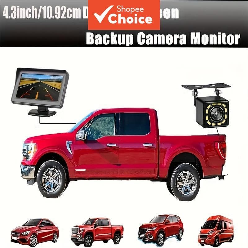 Conjunto de Câmera de Ré com Visão Noturna em Alta Definição 12 LEDs + Monitor Veicular 4.3 Polegadas, Troca Automática