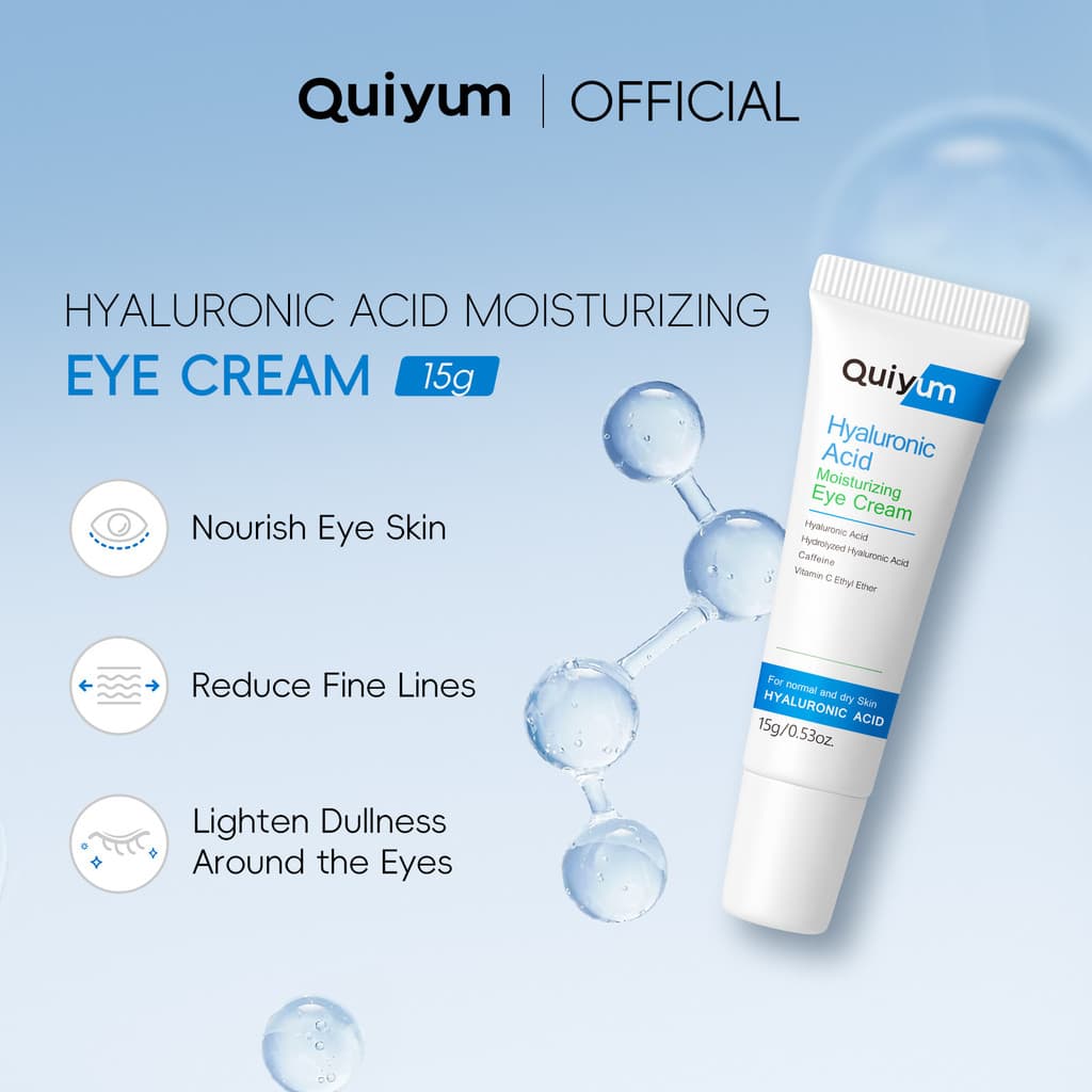 Creme para os Olhos com Ácido Hialurônico QUIYUM 15g, Hidratante, Realça o Tom da Pele, Produtos de Cuidados com a Pele