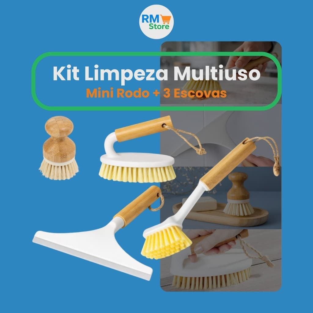 Kit Limpeza Banheiro e Cozinha: Rodo de Pia + Escova Oval + Escova + Escova com Pega – Praticidade!