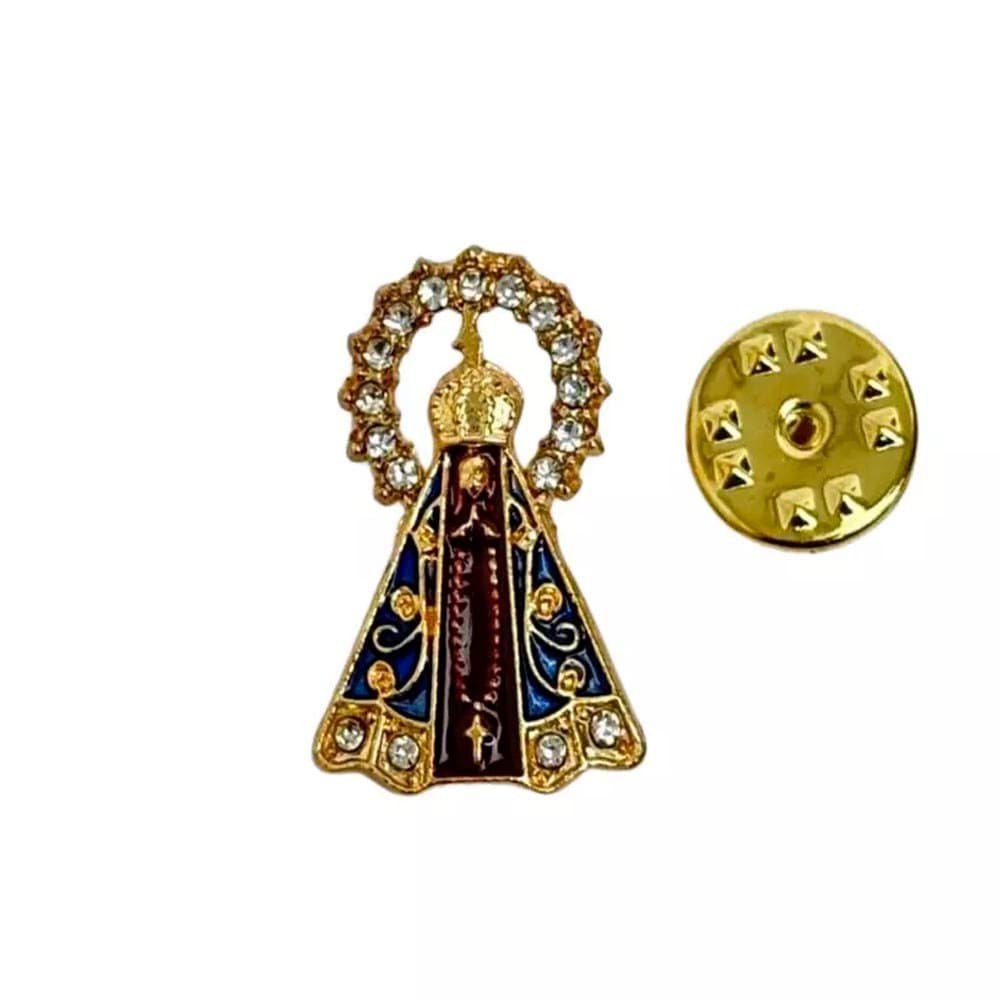 Broche Nossa Sra. Aparecida Fundo Marrom Resplendor Cravejado Dourado