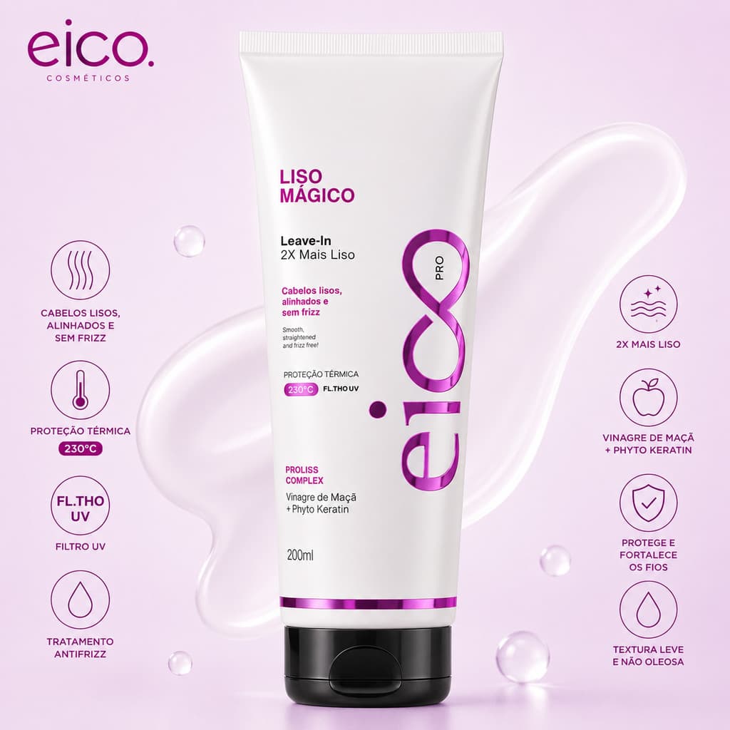 Leave in Creme de Cabelo Eico Pro Liso Mágico 200ml Protetor Termico Cabelo Anti Frizz Cabelo Liso Protetor Térmico