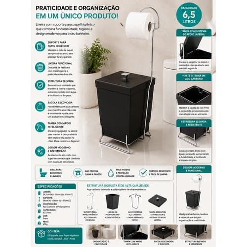 Suporte Papel Higienico Com Lixeira Banheiro Organizador Compacto 6,5 Litros  Preto