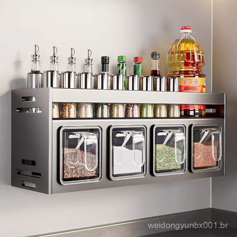 Suporte para temperos de cozinha, montagem na parede sem furos, caixa multifuncional para condimentos e utensílios domés