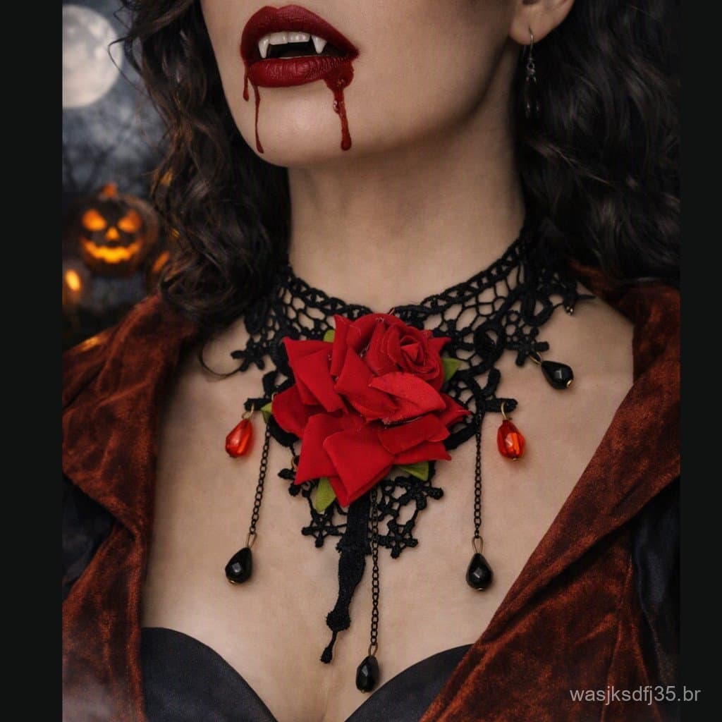 Colar Gótico com Flor, Pedra e Renda Estilo Cigano para Halloween