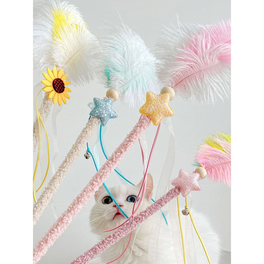 Gato divertido engraçado vara gato brinquedo de pelúcia pólo de madeira anjo pena sino gato auto-feliz brinquedo interat