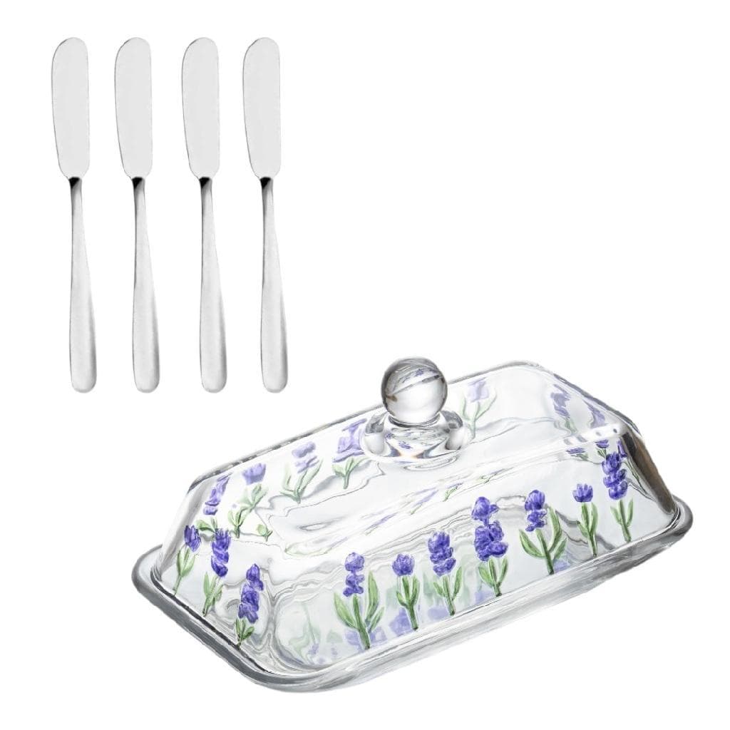 Manteigueira Retangular Cristal Lavanda + 4 Espátulas Polidas O Kit Perfeito Para Servir Patês