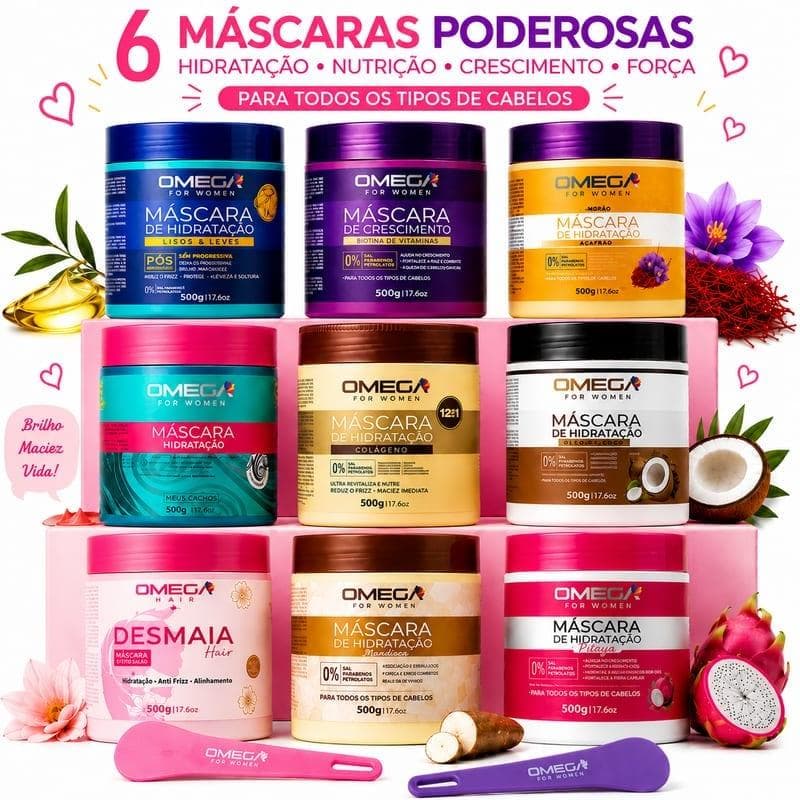 Kit 6 Máscaras Capilares Omega 500g - Hidratação e Tratamento Sortidas | Ótimo rendimento