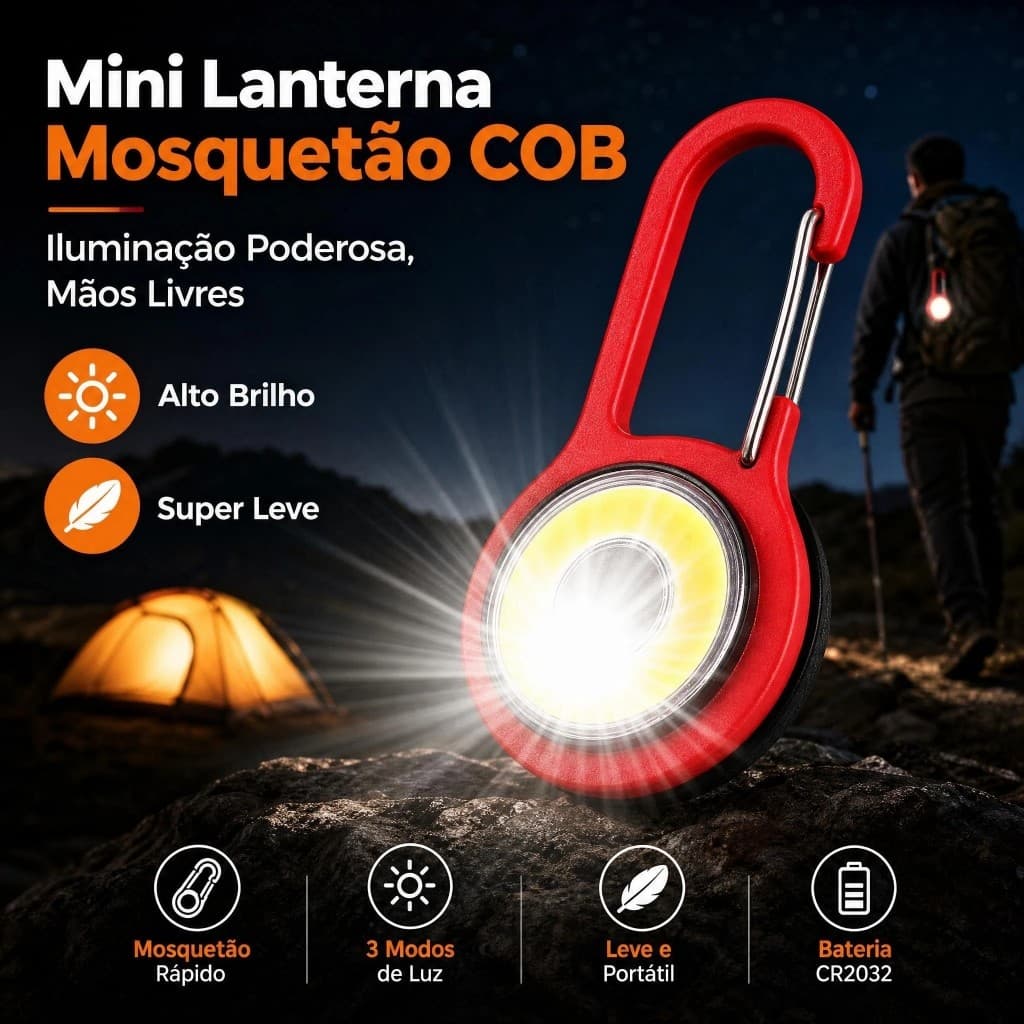 Multifuncional com Clipe para Crachá,Mini Lanterna COB com Mosquetão, Portátil para Chaveiro