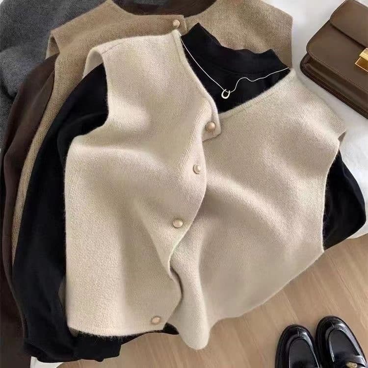 Novo colete feminino de malha com decote redondo, jovial e estiloso, adequado para usar em camadas, tamanho grande, top