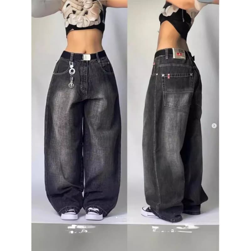 2024 novo estilo americano Hip-Hop Retro solto Jeans feminino Harajuku cintura alta Y2K calças de perna larga algodão