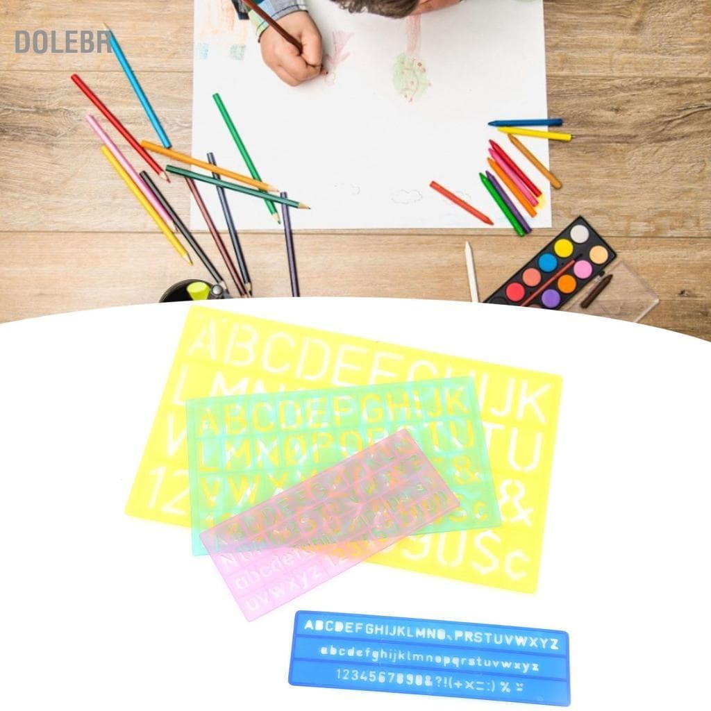 Dolebr 4pcs modelos réguas coloridas números de plástico letras padrão desenho estênceis kit para crianças pintura