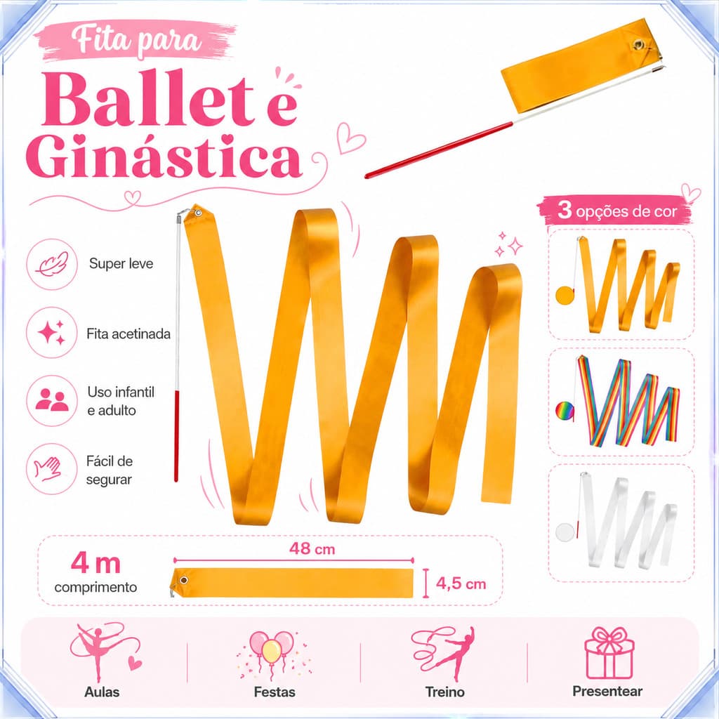 Fita Ginástica Rítmica 4m Bastão 48cm Laranja Branco Colorido 1/2/3Un Clipe 360° Giratório