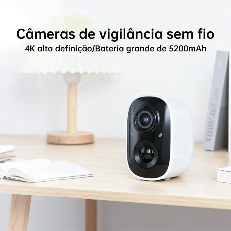 WIFI Câmera sem fio para monitoramento remoto de ambientes internos via celular, sem necessidade de cabo de alimentação.