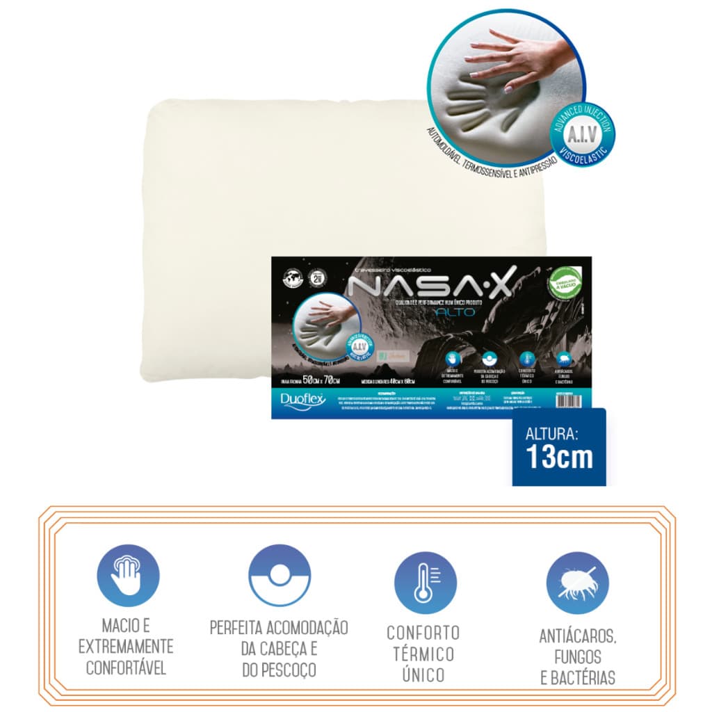 Travesseiro Nasa X 13 cm Altura Proteção Antiácaros Fungos e Bactérias